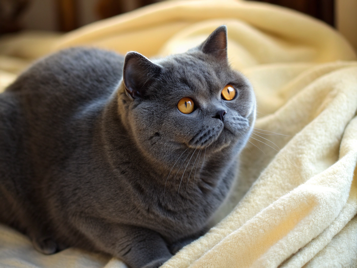 British Shorthair cat with plush blue-grey coat and amber eyes