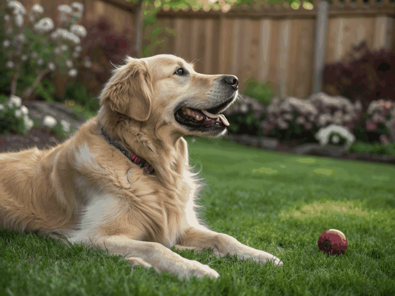 Golden retriever dog sitting calmly in an outdoor natural environment