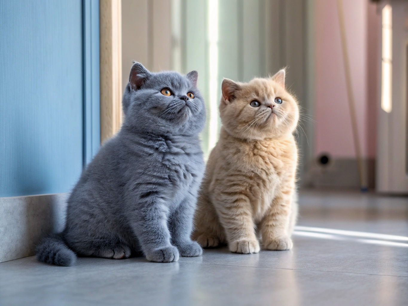 British Shorthair cat relaxed on a sunlit neutral surface