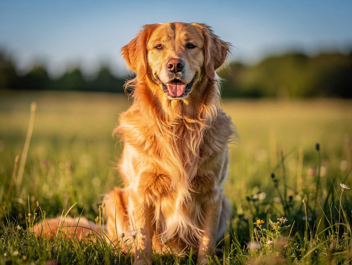 Golden Retriever sitting attentively outdoors
