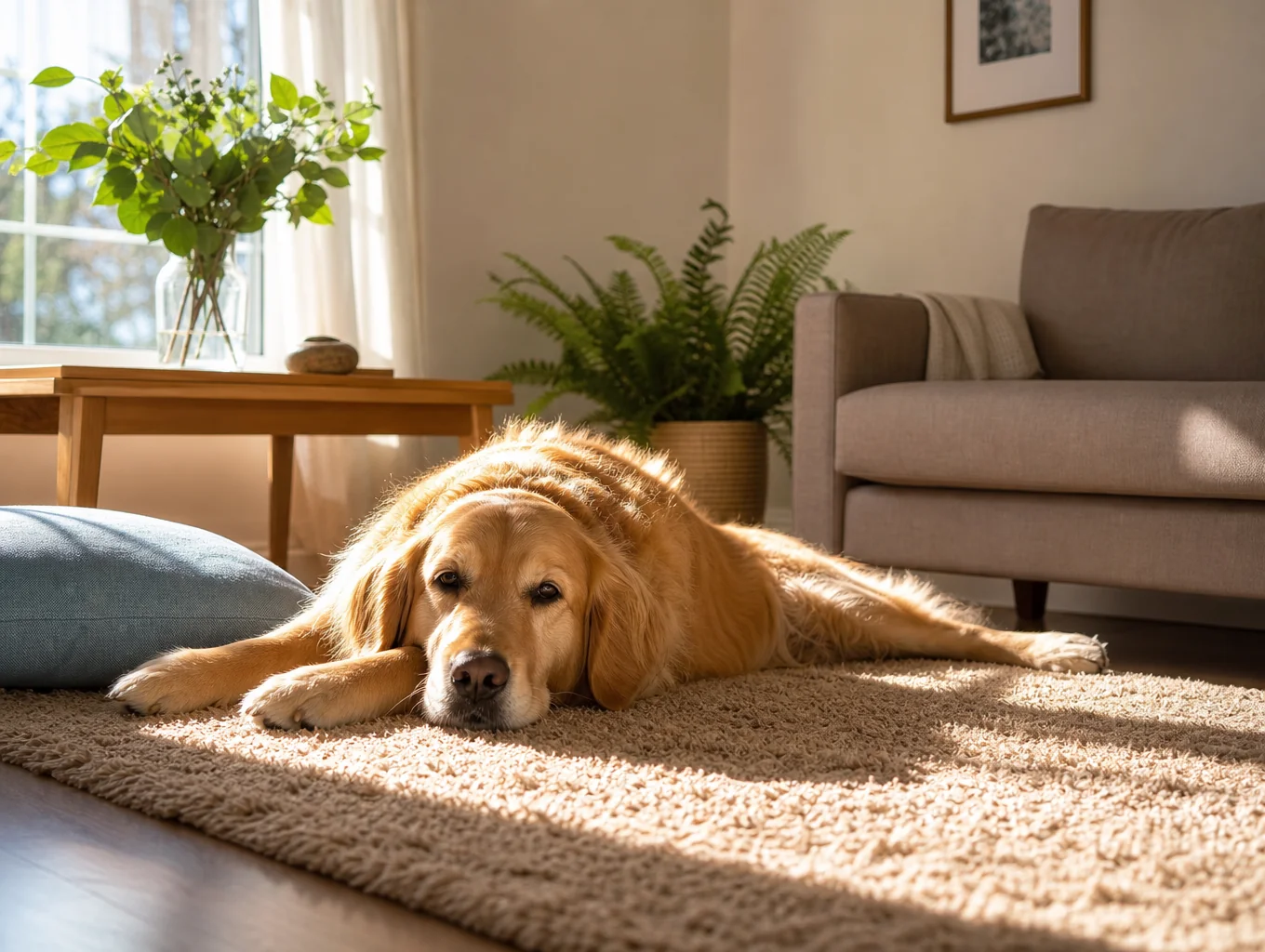 Golden Retriever resting calmly in an editorial home setting