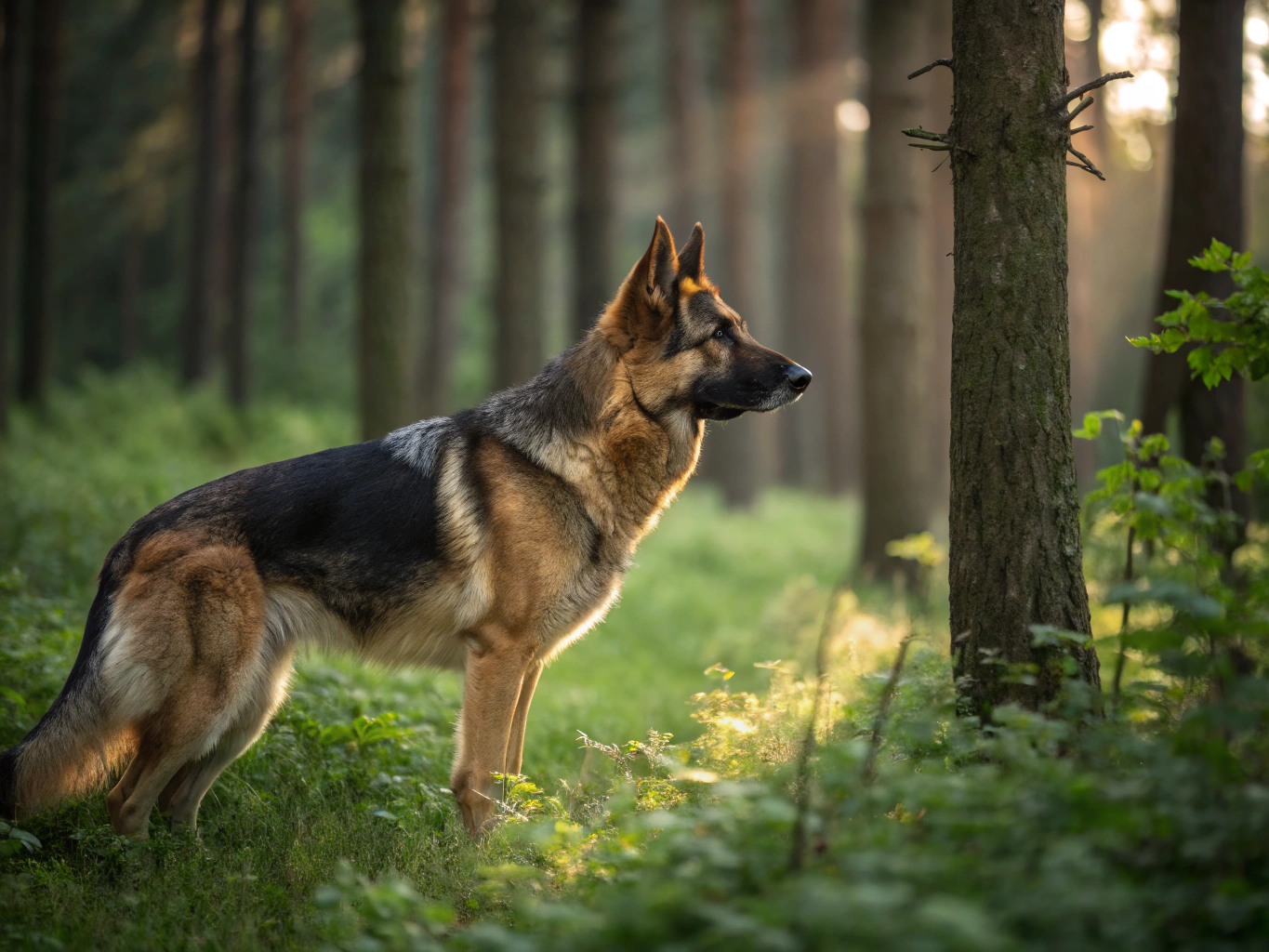 German Shepherd displaying calm, focused posture outdoors
