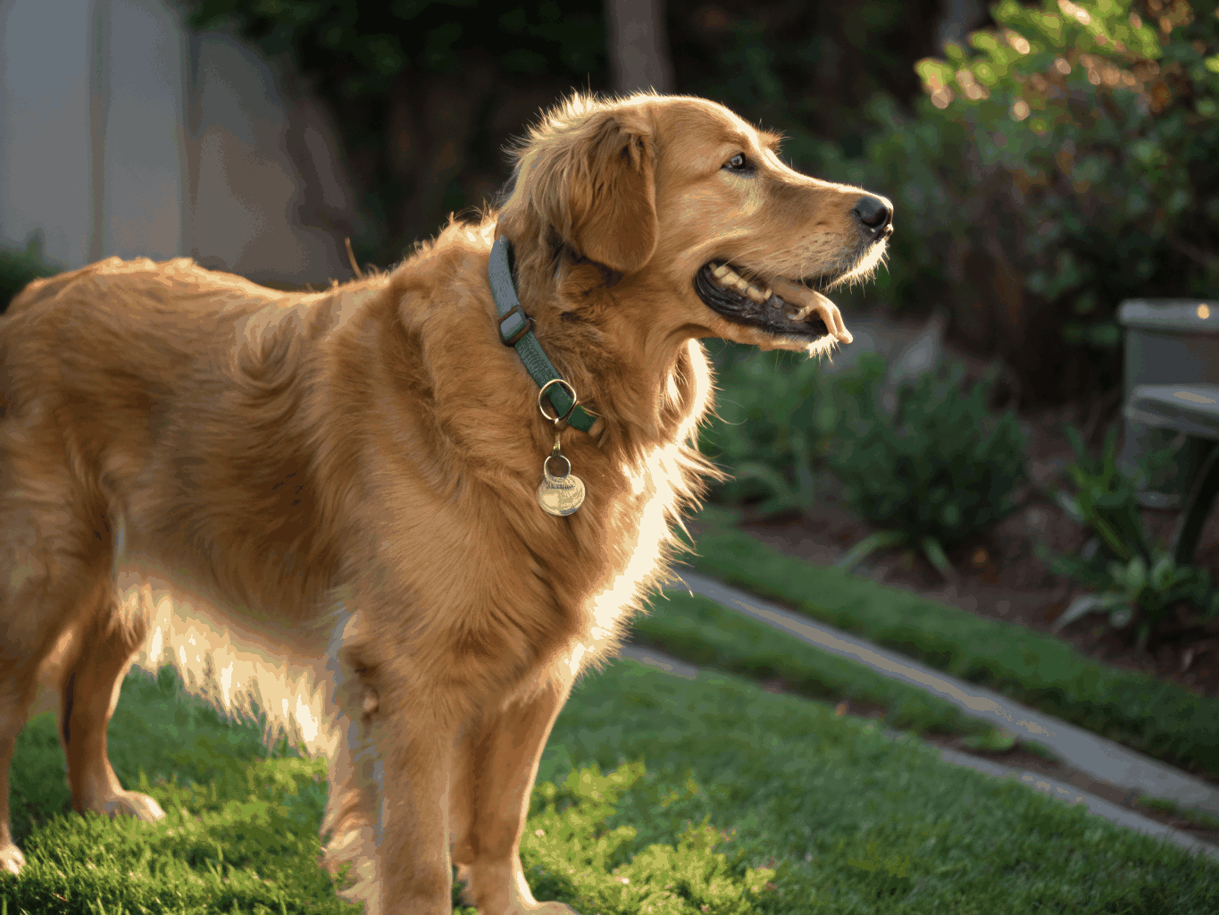 Golden Retriever sitting outdoors with attentive expression