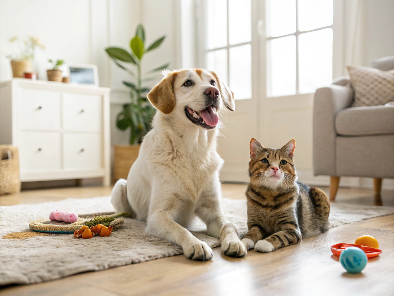 Dog and cat resting peacefully together in a bright, modern living room