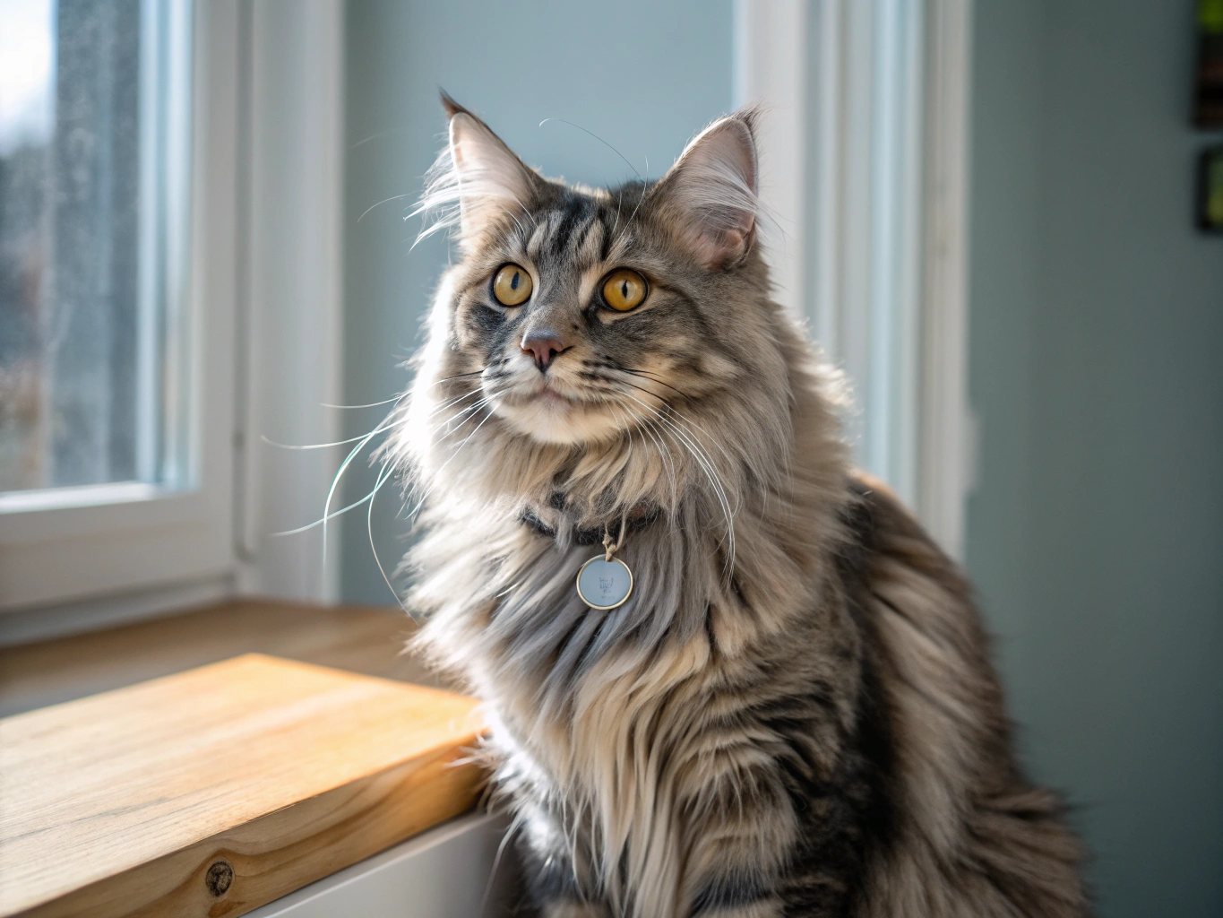 Maine Coon cat resting quietly on a light surface