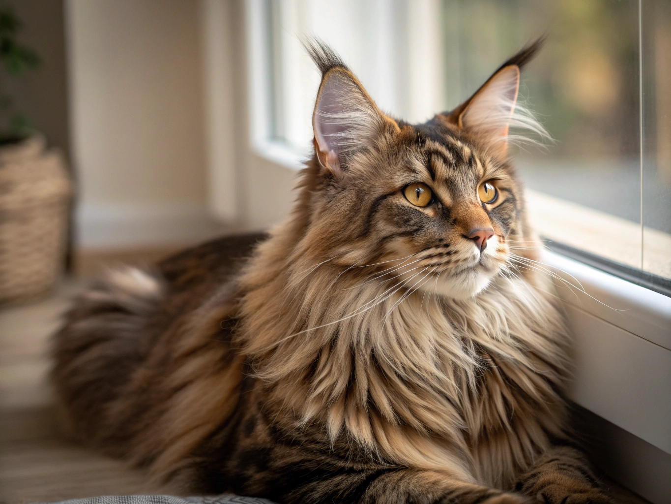 Adult Maine Coon cat sitting serenely with plush coat detail