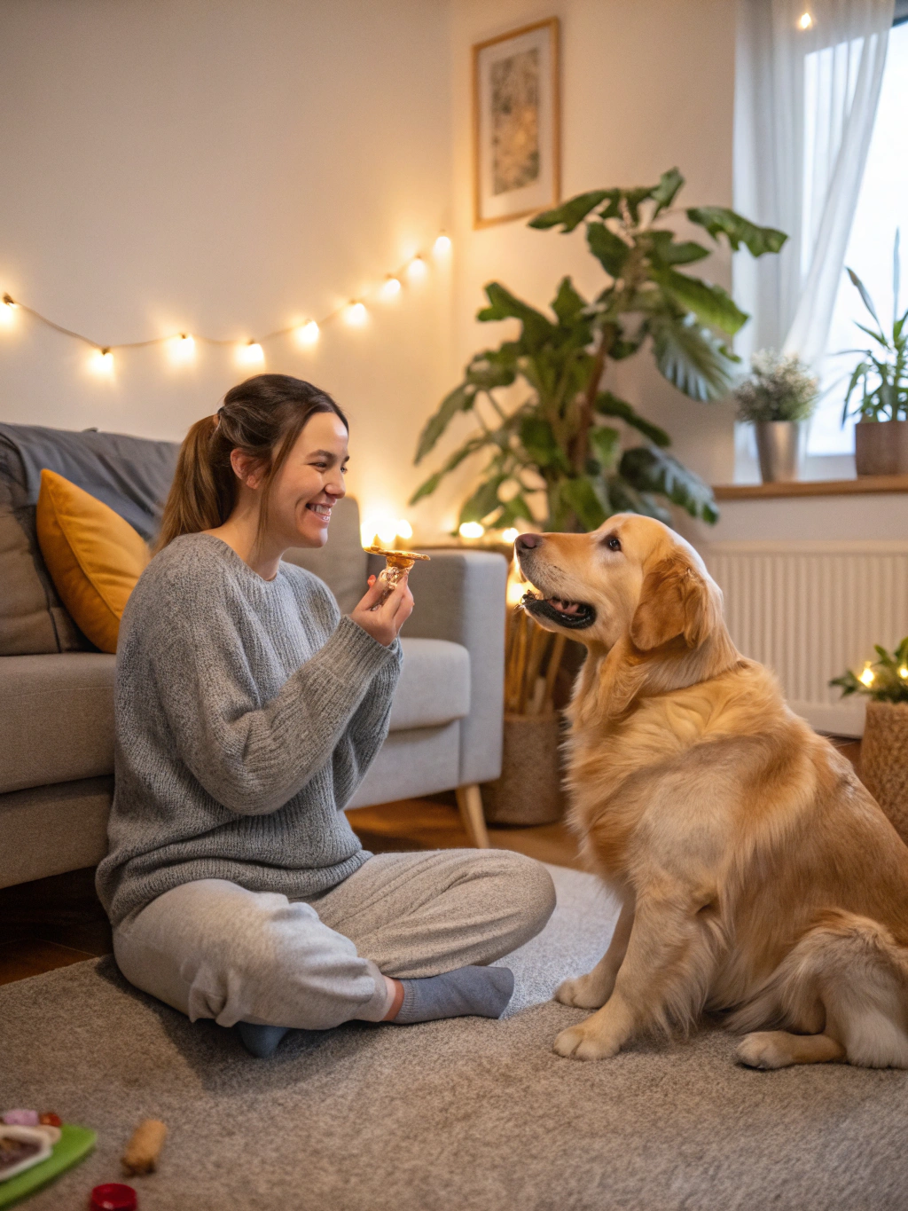 Pet owner calmly training a dog using positive reinforcement and treats