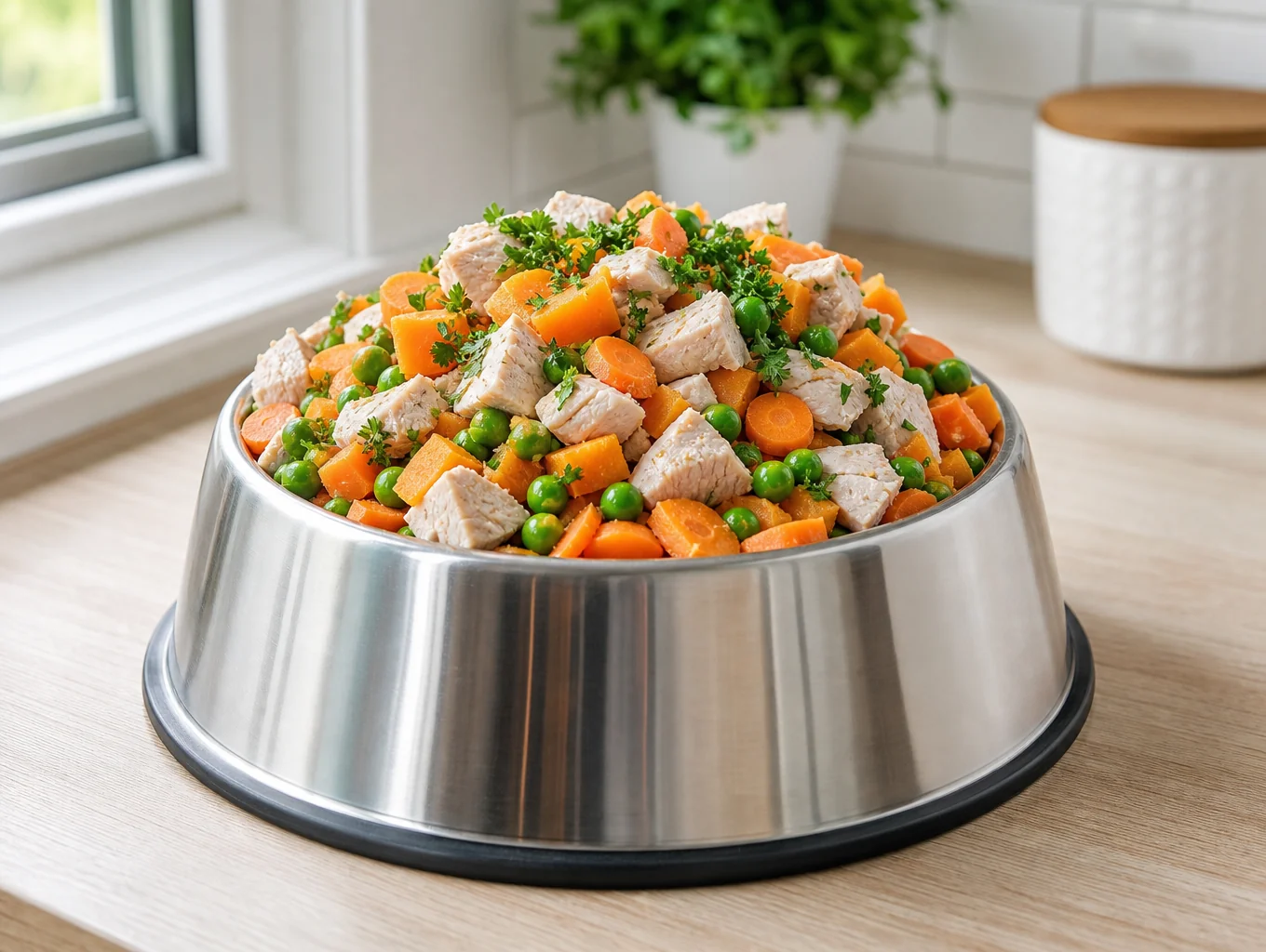 Fresh balanced pet food ingredients alongside healthy companion pets resting