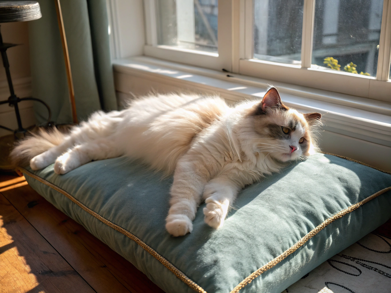 Fluffy bicolor Ragdoll cat relaxing in a sunlit living room