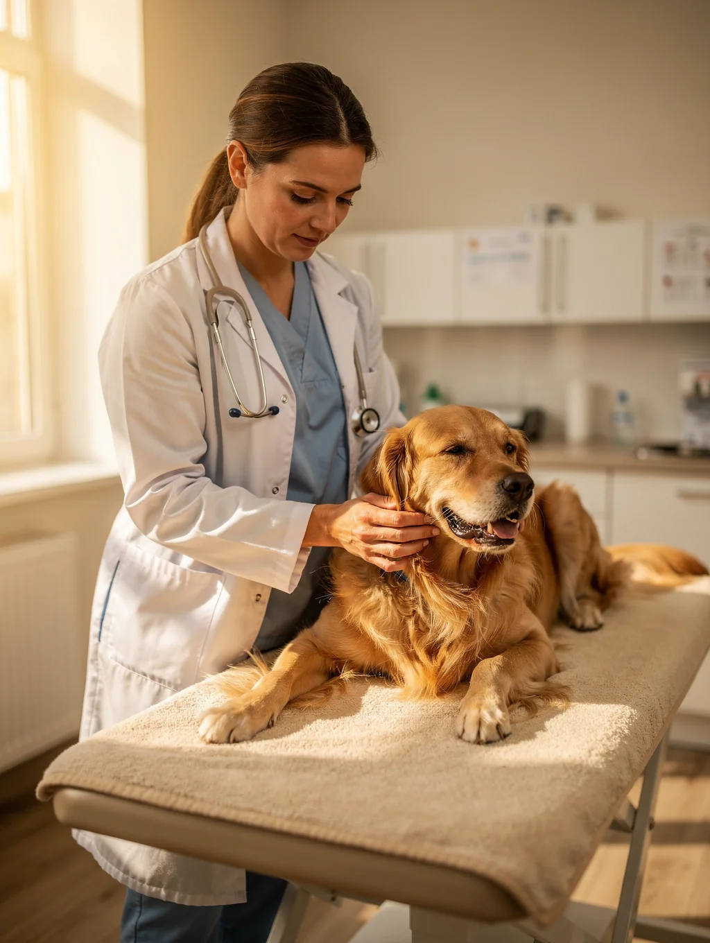 Veterinarian conducting a gentle clinical checkup on a golden retriever